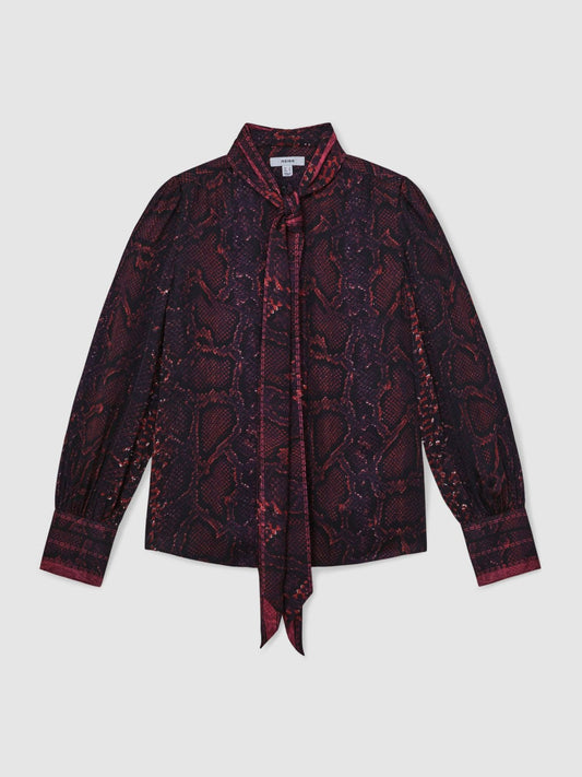 Snake-Print Tie-Neck Blouse Burgundy | Women