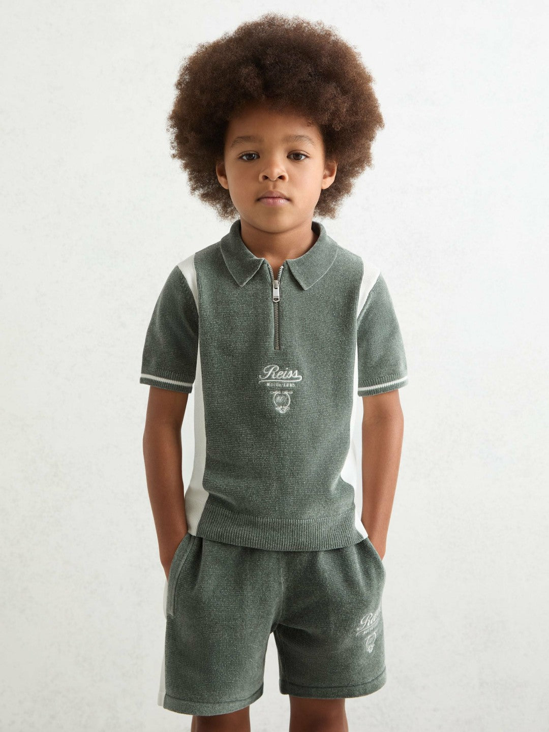 13-14 yrs Chenille Tipped Motor Cars Polo Shirt Dark Sage Green/White | Children & Baby