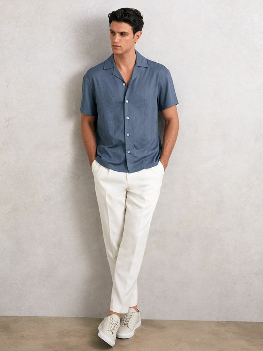 Jacquard-Stripe Cuban-Collar Shirt Airforce Blue | Men