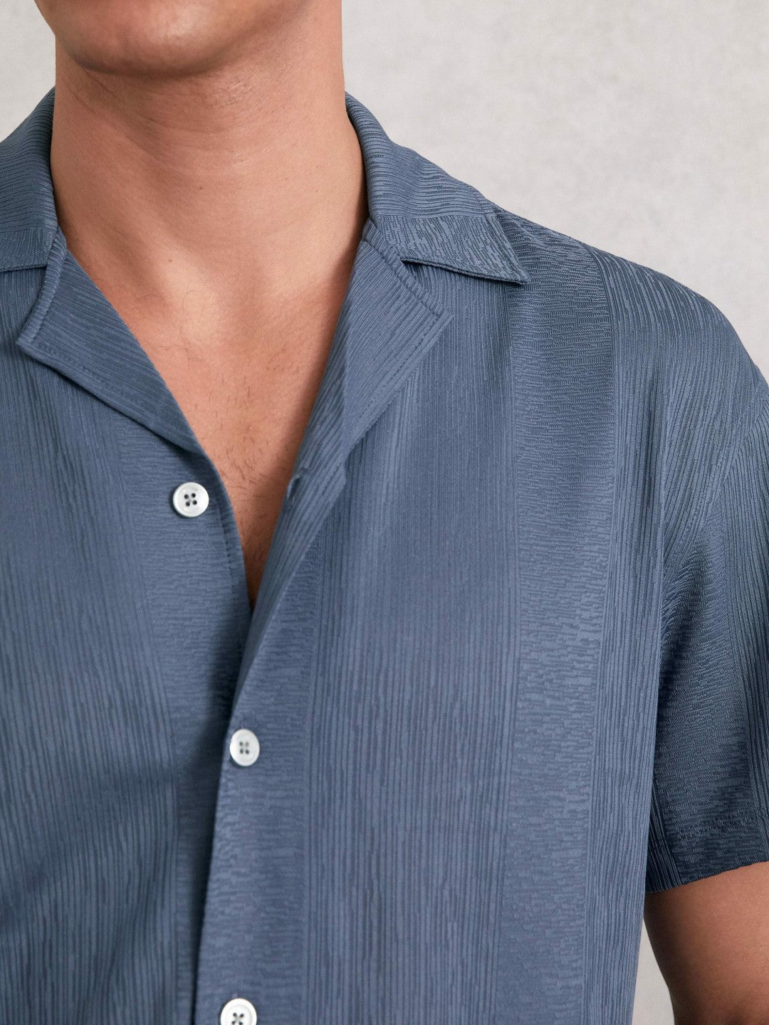 Jacquard-Stripe Cuban-Collar Shirt Airforce Blue | Men