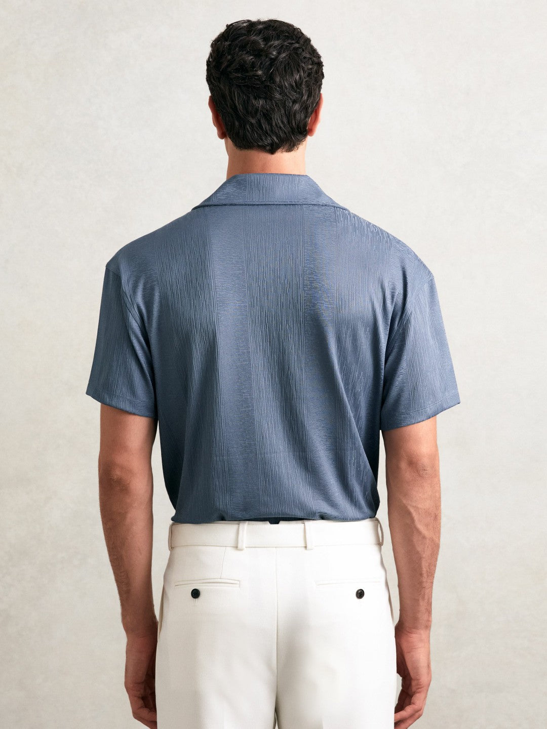 Jacquard-Stripe Cuban-Collar Shirt Airforce Blue | Men