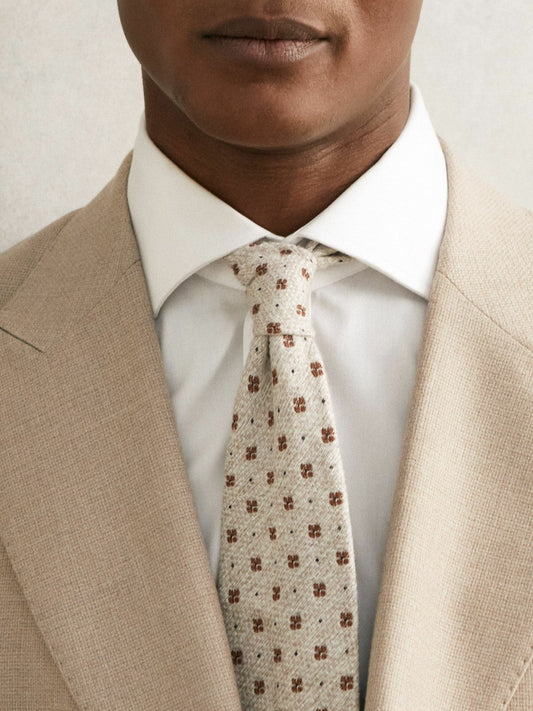 Wool-Silk Floral-Medallion Tie Oatmeal Melange | Men