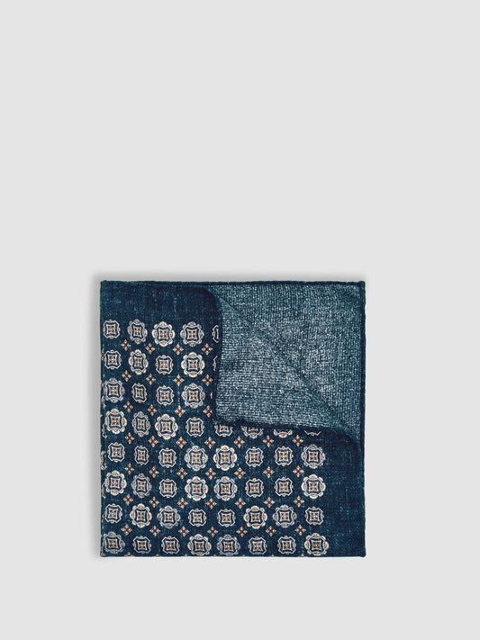 Silk Medallion Print Pocket Square Indigo Melange | Men