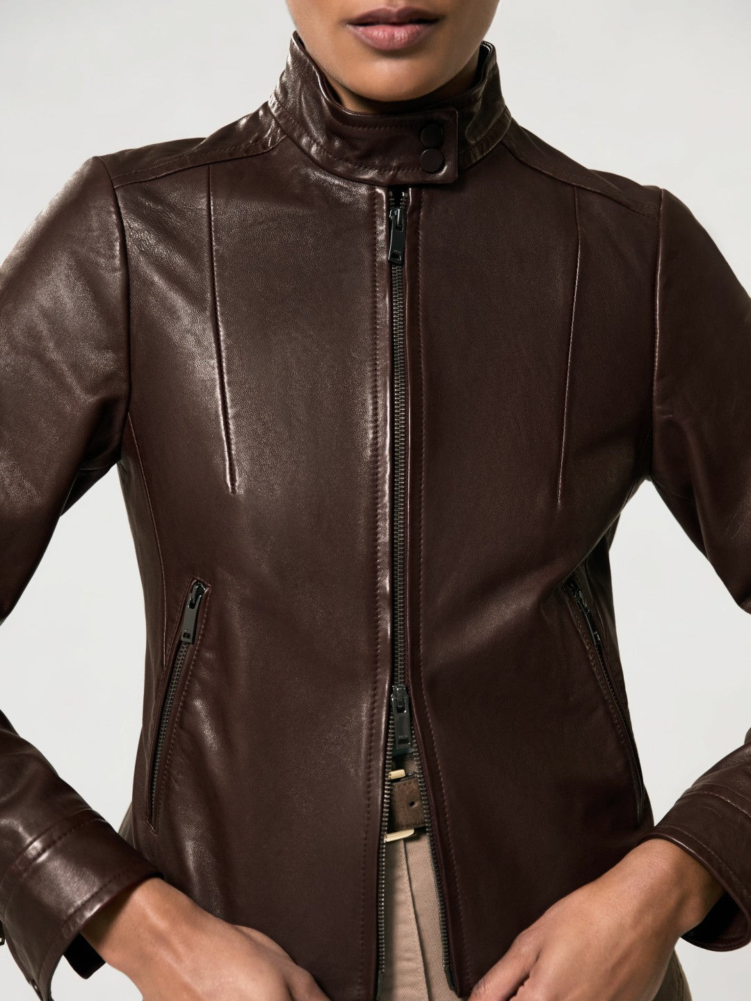 Fitted Leather Biker Jacket Burgundy | Women