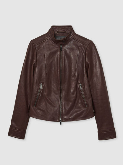 Fitted Leather Biker Jacket Burgundy | Women