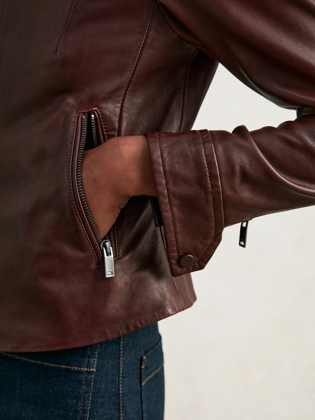 Fitted Leather Biker Jacket Burgundy | Women