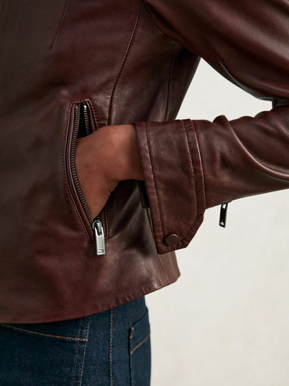 Fitted Leather Biker Jacket Burgundy | Women