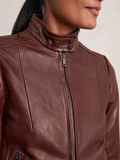Fitted Leather Biker Jacket Burgundy | Women