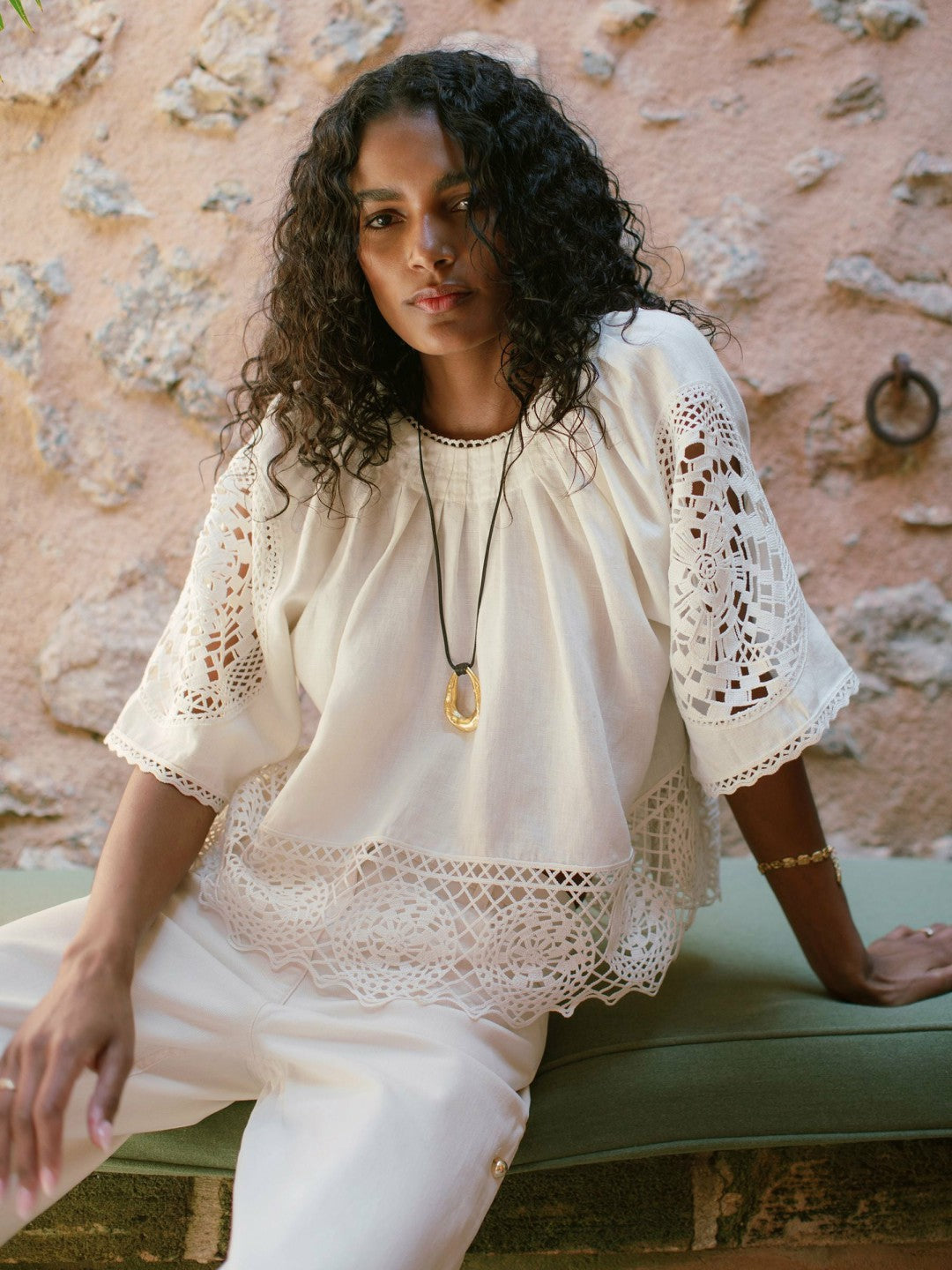 Linen Embroidered Swing Top Ivory | Women