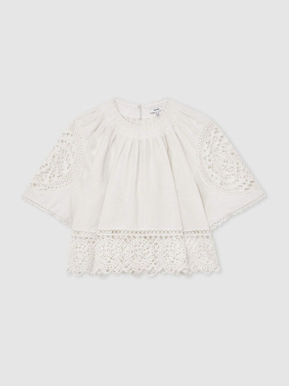 Linen Embroidered Swing Top Ivory | Women
