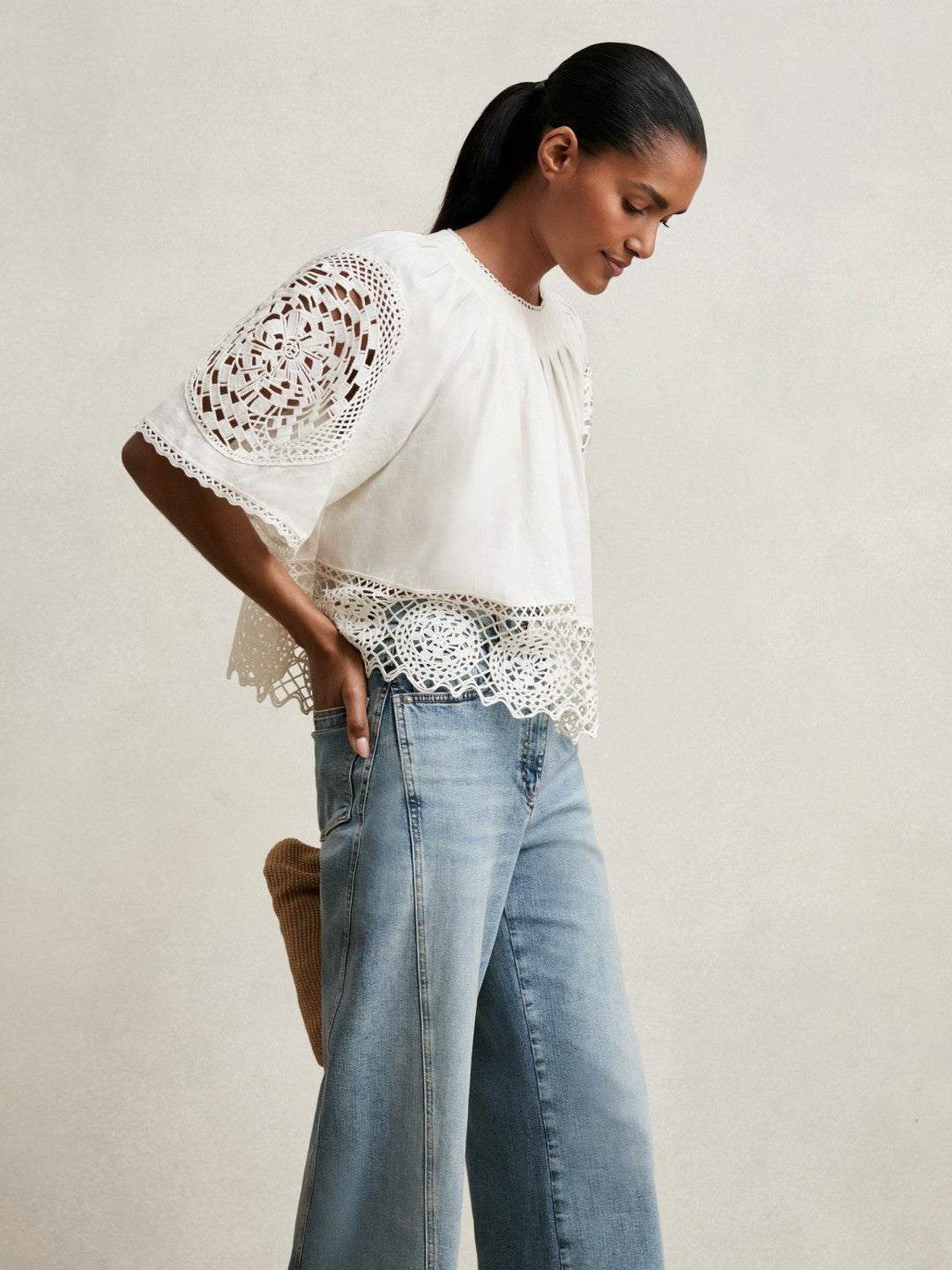 Linen Embroidered Swing Top Ivory | Women