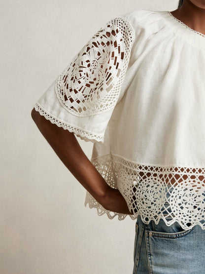 Linen Embroidered Swing Top Ivory | Women