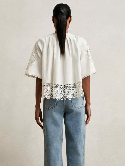 Linen Embroidered Swing Top Ivory | Women