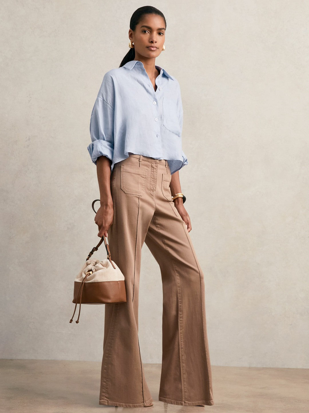 Oversize Linen Cropped Shirt Blue | Women