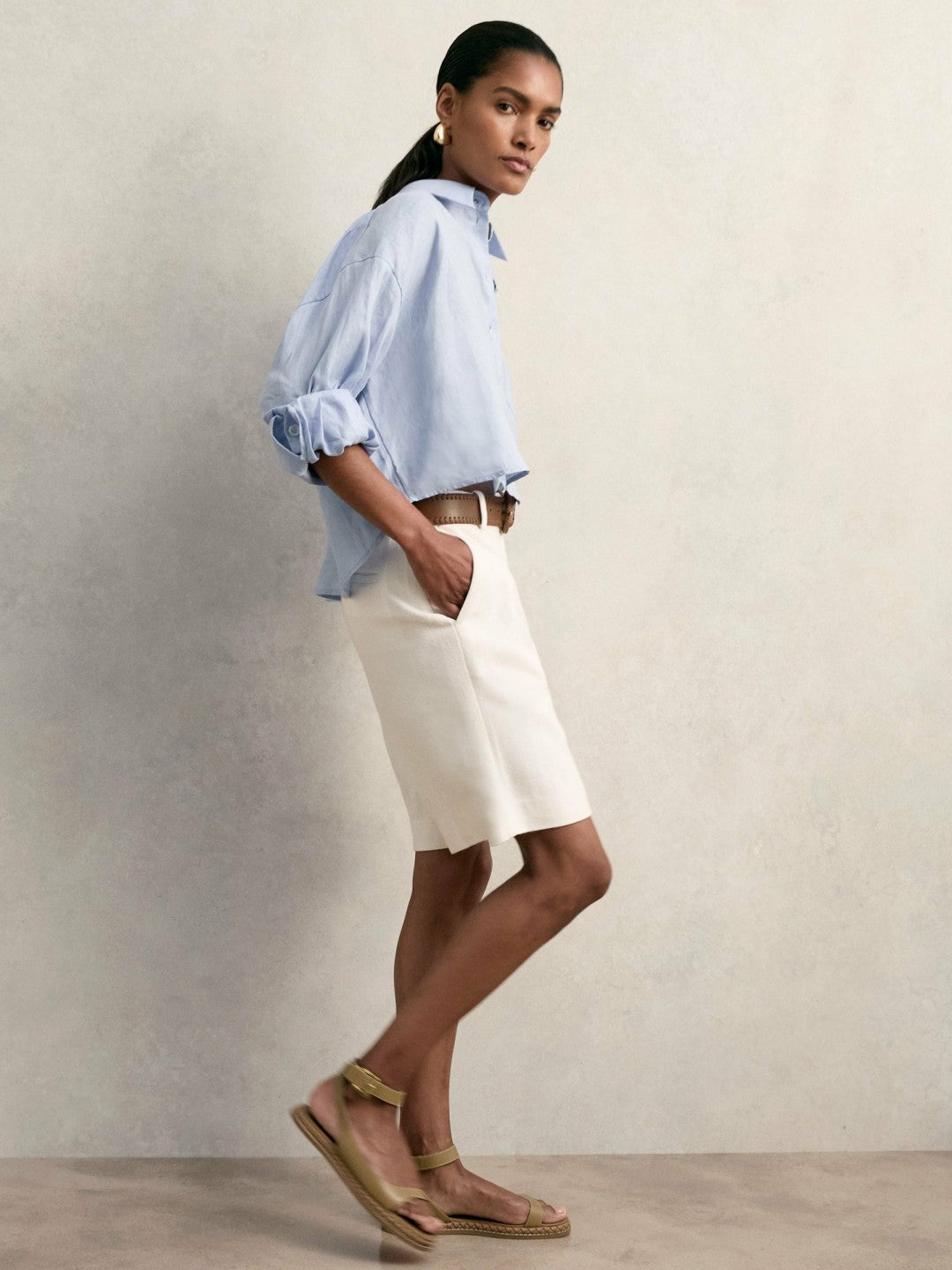 Oversize Linen Cropped Shirt Blue | Women