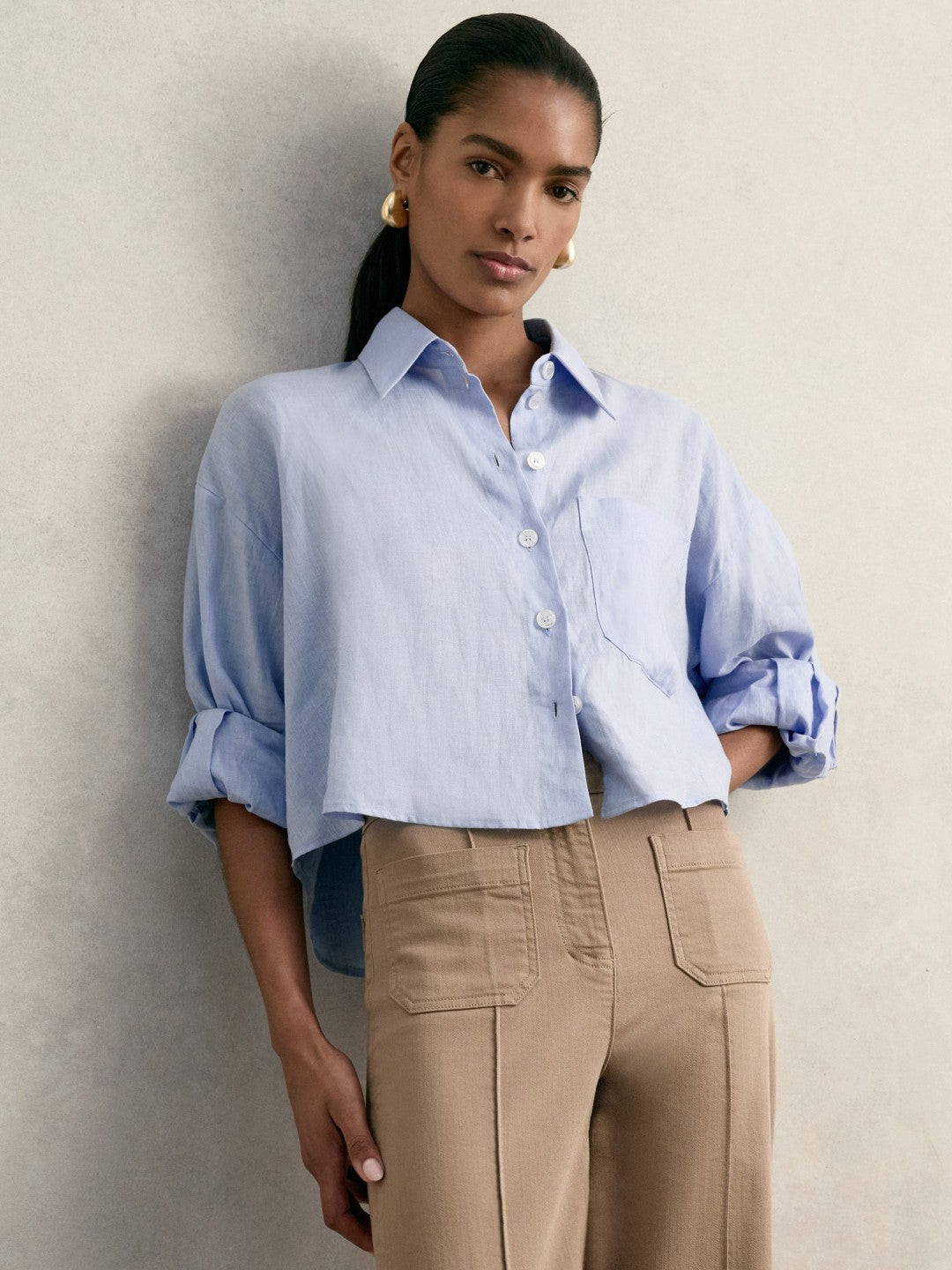 Oversize Linen Cropped Shirt Blue | Women