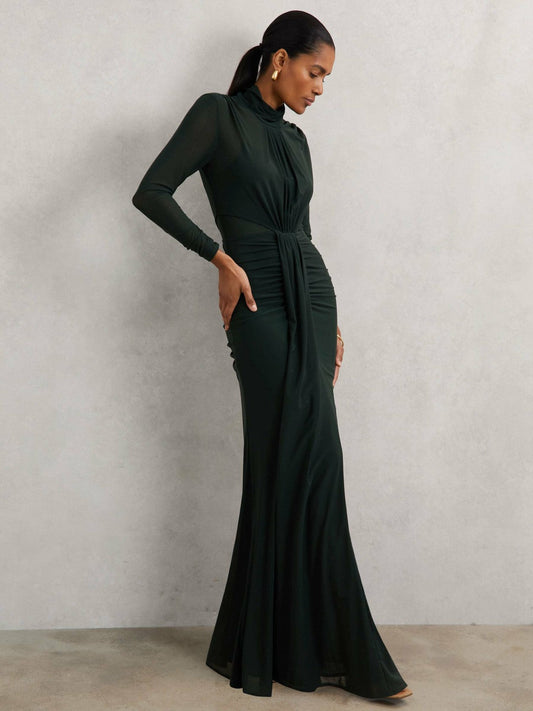 Ruched Long-Sleeve Maxi Dress Dark Green | Women