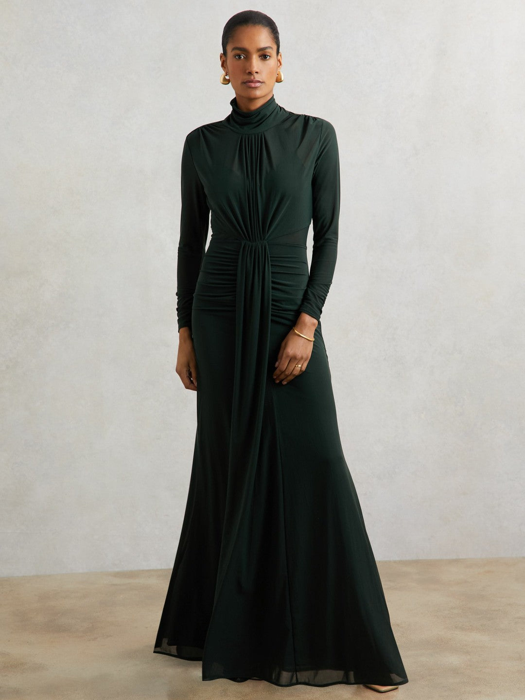 Ruched Long-Sleeve Maxi Dress Dark Green | Women