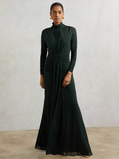 Ruched Long-Sleeve Maxi Dress Dark Green | Women