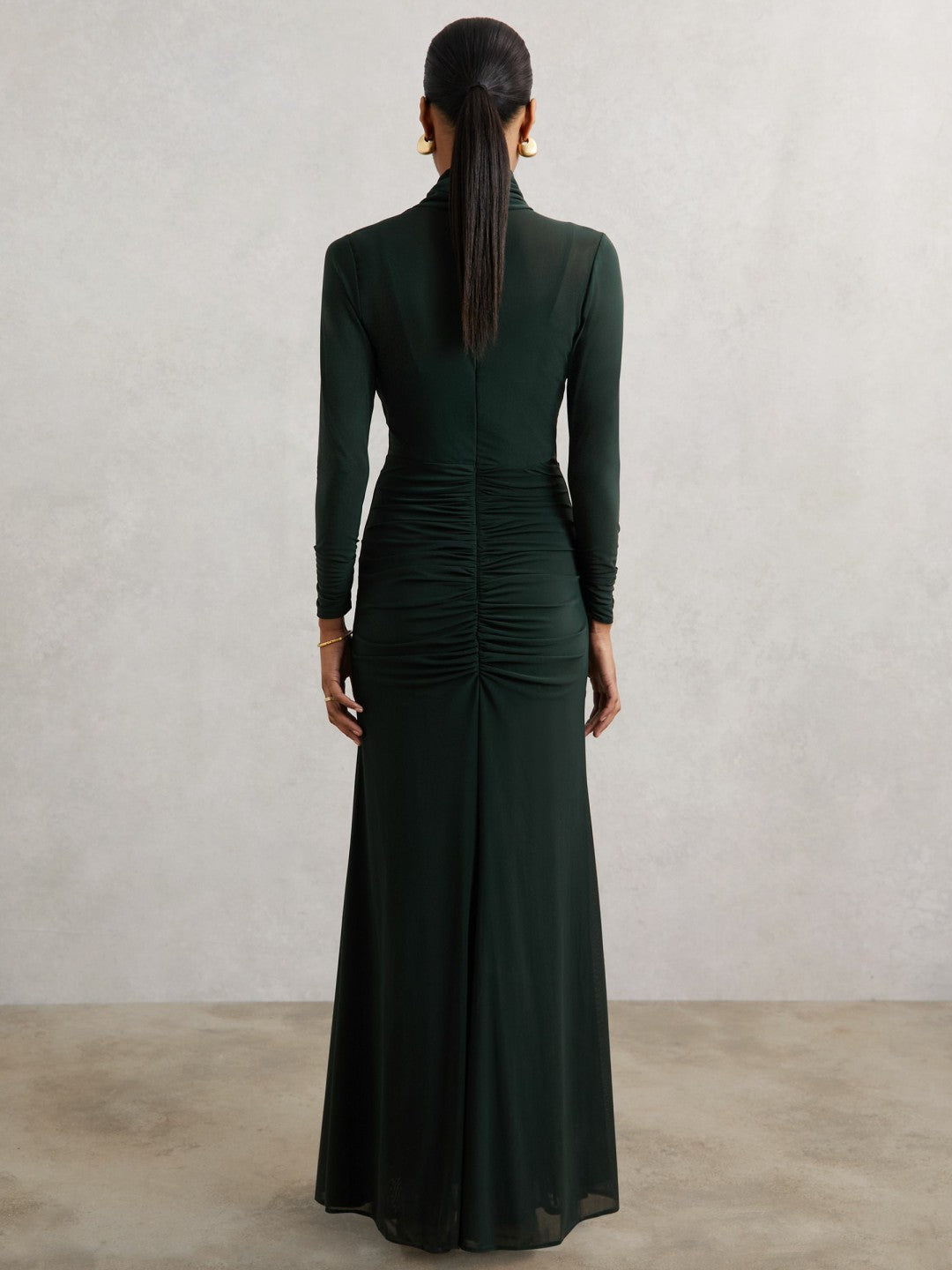 Ruched Long-Sleeve Maxi Dress Dark Green | Women