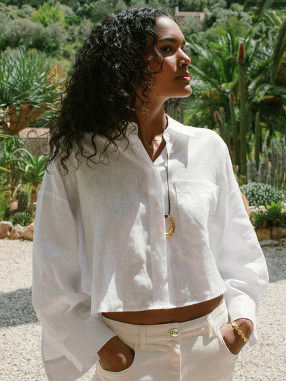 Oversize Linen Cropped Shirt White | Women