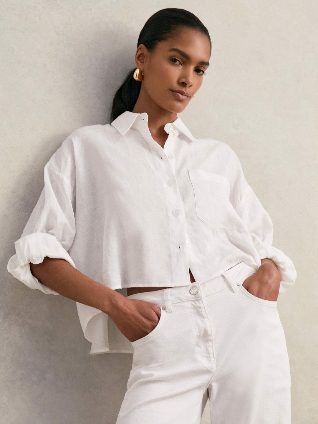 Oversize Linen Cropped Shirt White | Women
