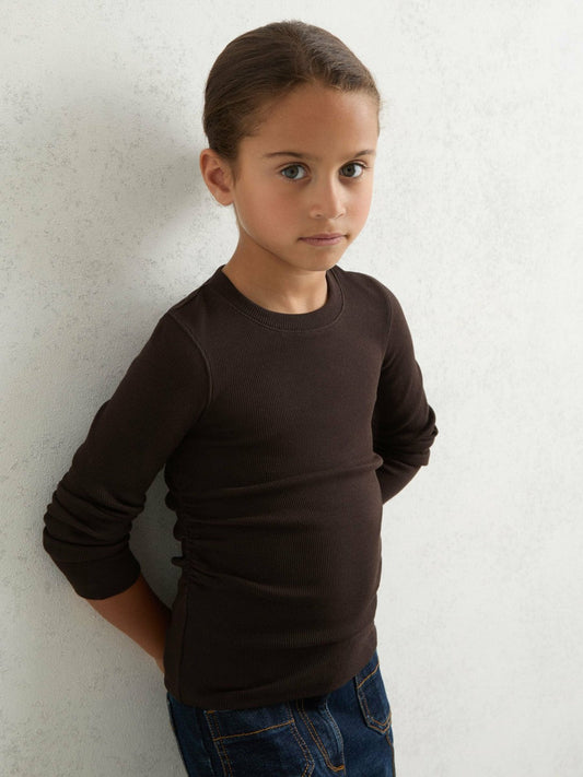 4-9 yrs Cotton Ruched Long-Sleeve T-Shirt with Stretch Chocolate | Children & Baby