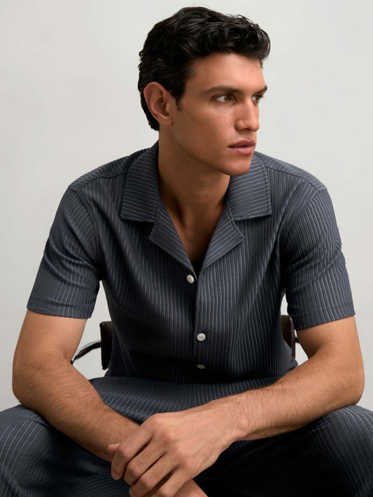 Textured-Stripe Cuban-Collar Shirt Petrol Blue | Men