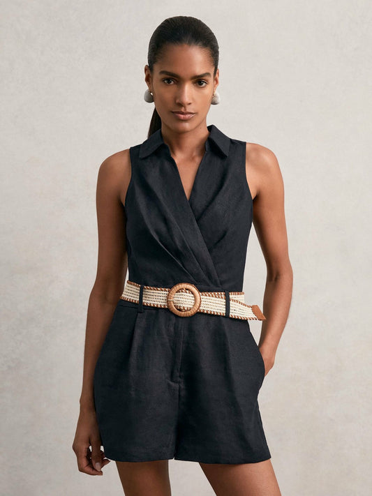 Linen Belted Sleeveless Wrap Playsuit Navy | Women
