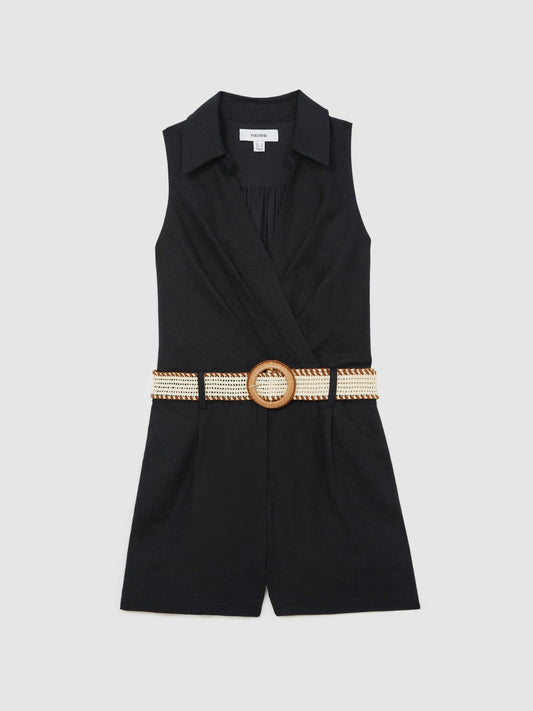 Linen Belted Sleeveless Wrap Playsuit Navy | Women