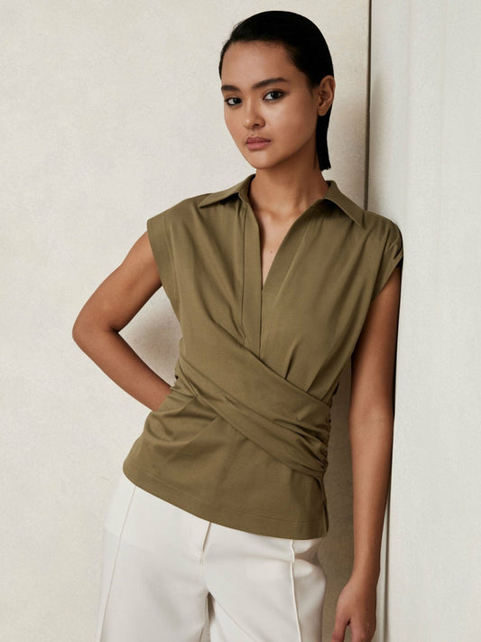 Stretch-Cotton Wrap-Front Collar Top Khaki Green | Women