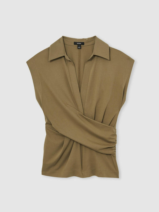 Stretch-Cotton Wrap-Front Collar Top Khaki Green | Women
