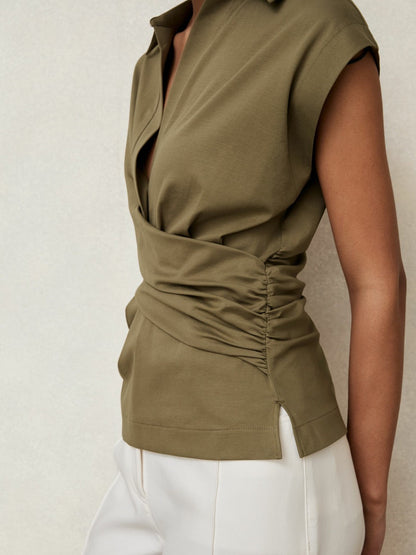 Stretch-Cotton Wrap-Front Collar Top Khaki Green | Women
