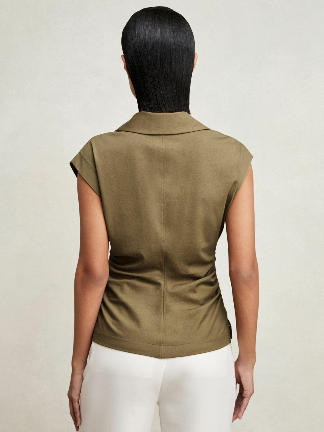 Stretch-Cotton Wrap-Front Collar Top Khaki Green | Women