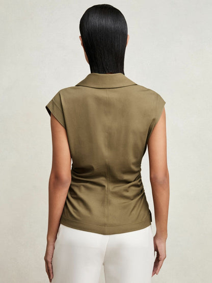 Stretch-Cotton Wrap-Front Collar Top Khaki Green | Women