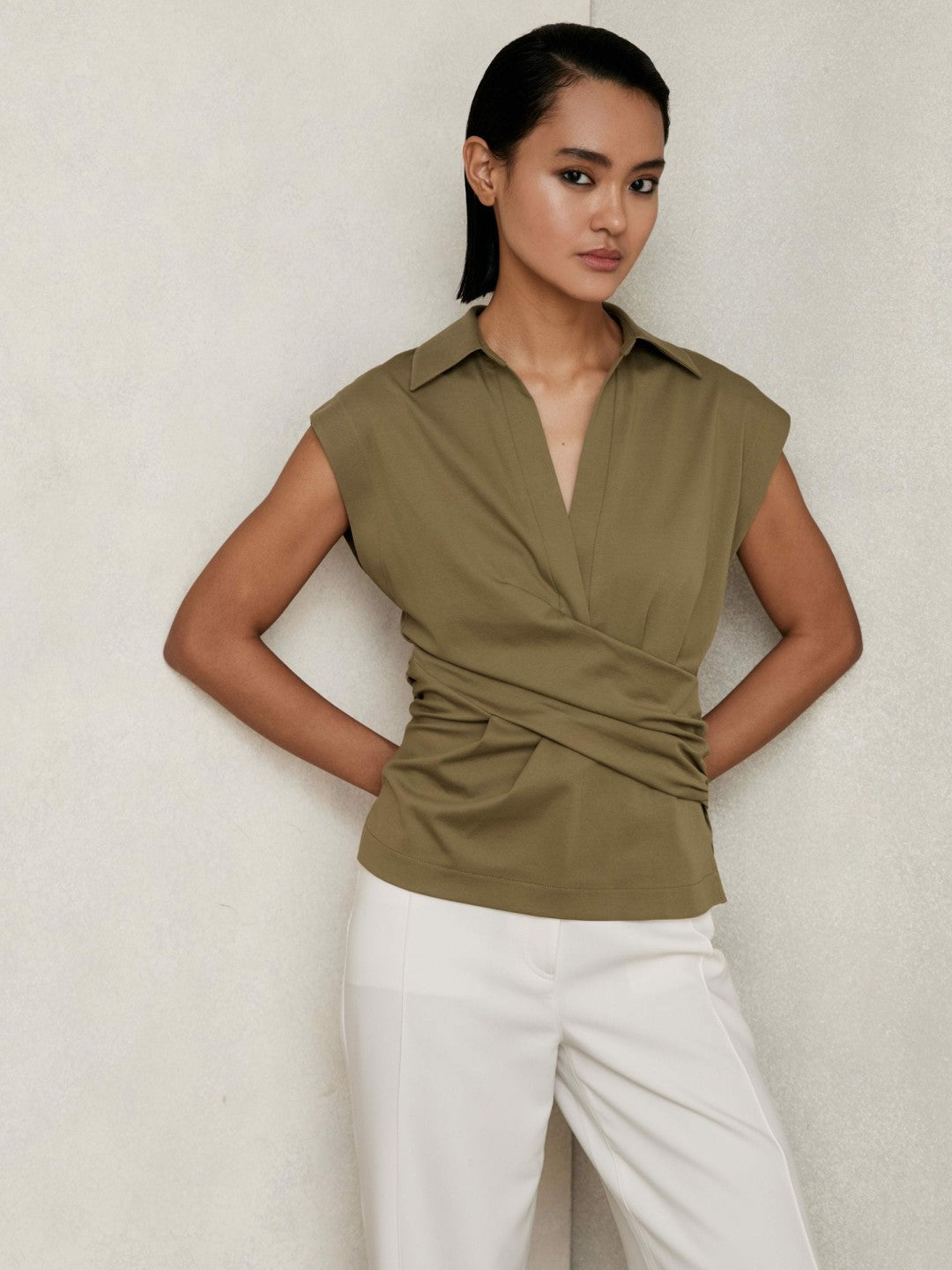 Stretch-Cotton Wrap-Front Collar Top Khaki Green | Women