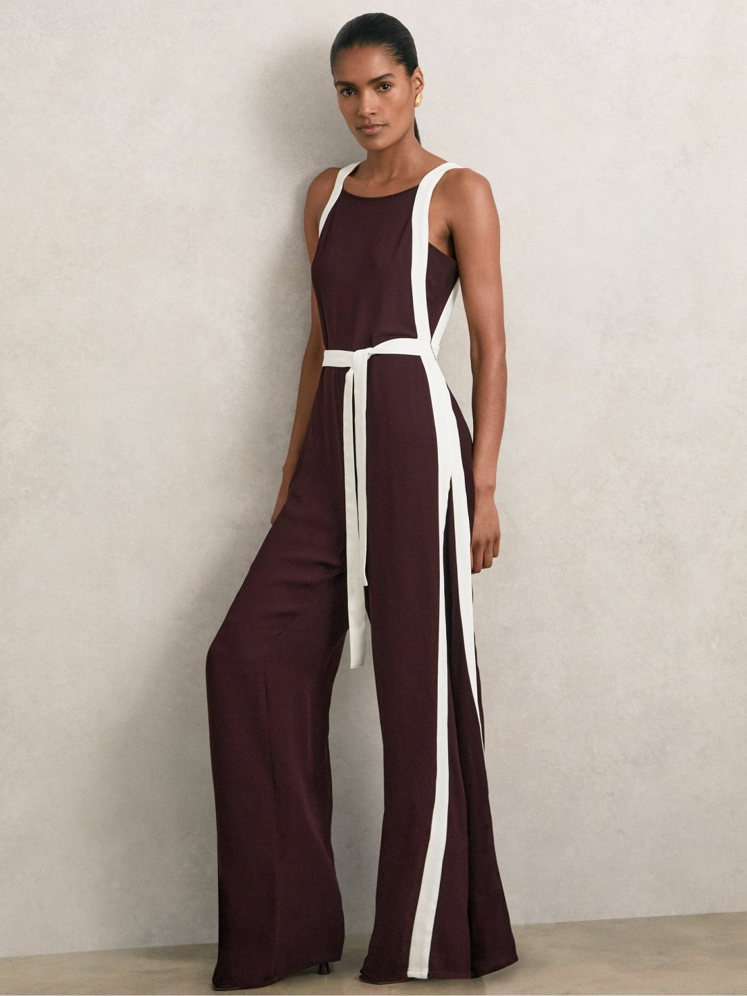 Colourblock Wide Leg Belted Jumpsuit Burgundy/Cream | Women