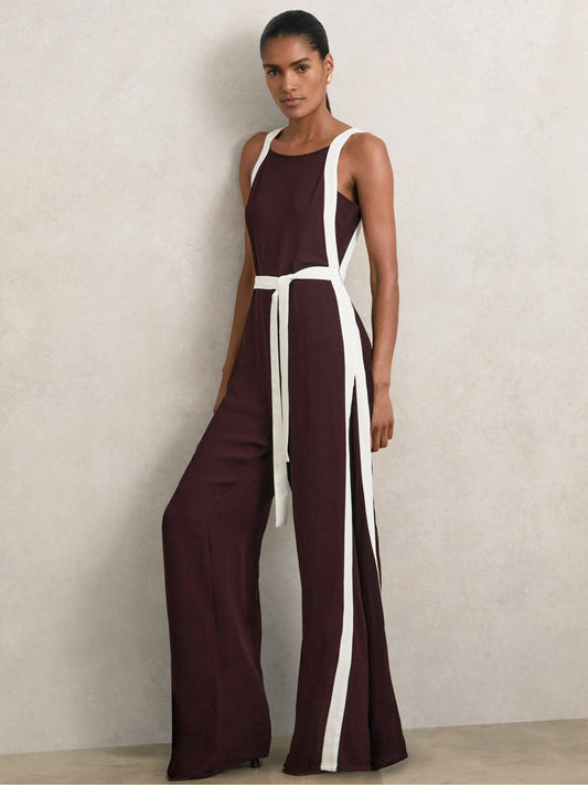 Colourblock Wide Leg Belted Jumpsuit Burgundy/Cream | Women