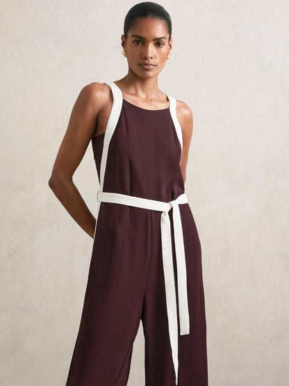 Colourblock Wide Leg Belted Jumpsuit Burgundy/Cream | Women