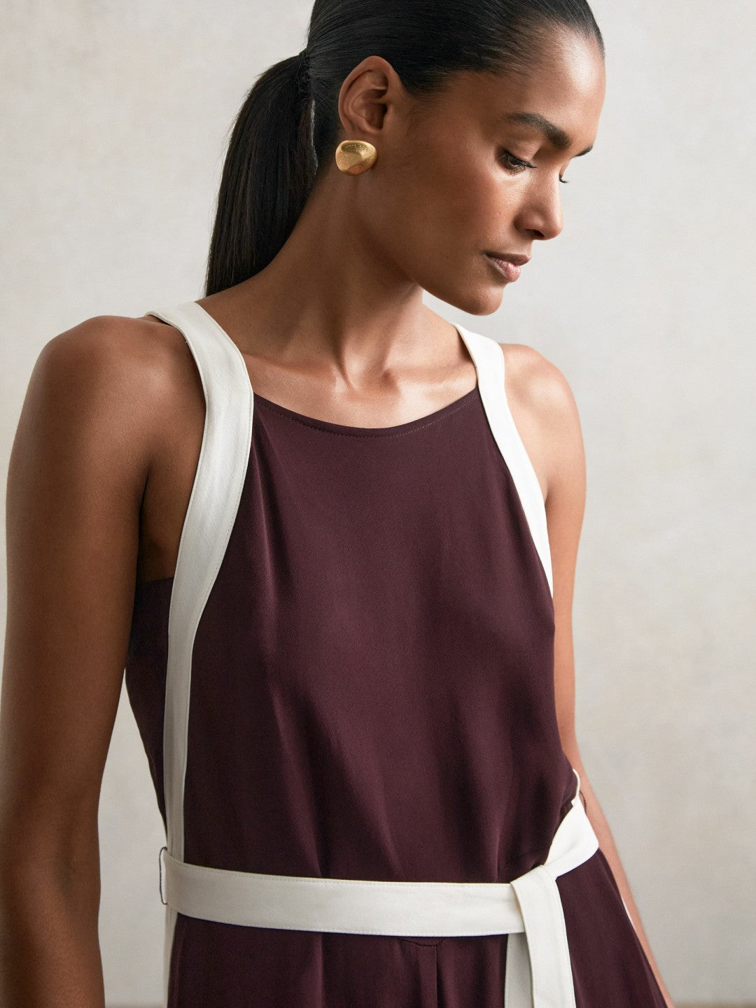 Colourblock Wide Leg Belted Jumpsuit Burgundy/Cream | Women