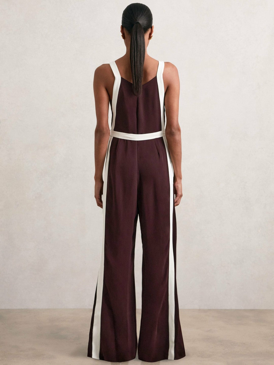 Colourblock Wide Leg Belted Jumpsuit Burgundy/Cream | Women