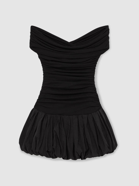 Off-Shoulder Puffball Mini Dress Black | Women