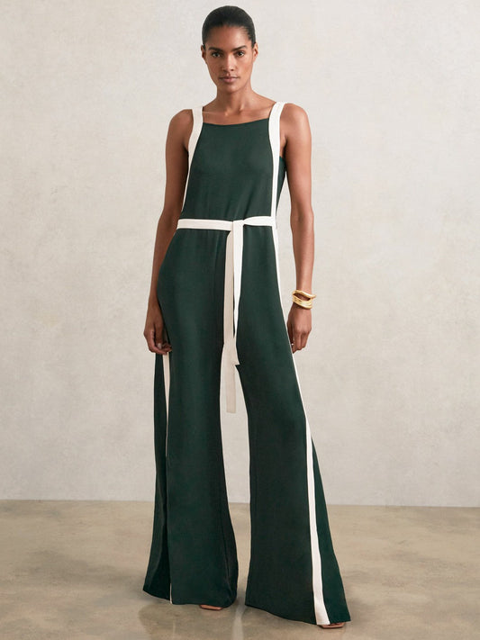 Colourblock Wide Leg Belted Jumpsuit Dark Green/Cream | Women