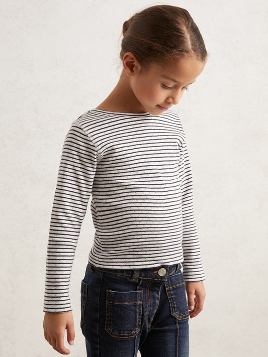9-13 yrs Cotton Pointelle Long Sleeve Top Navy/White | Children & Baby
