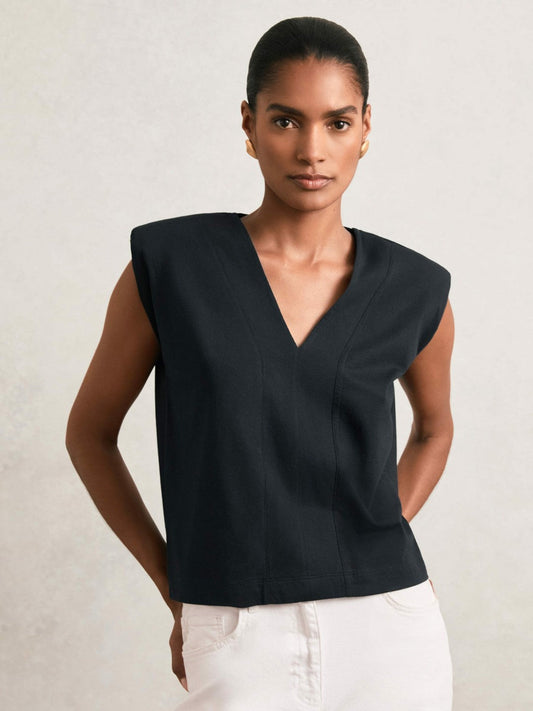 Cotton Shoulder-Pad V-Neck Top Navy | Women