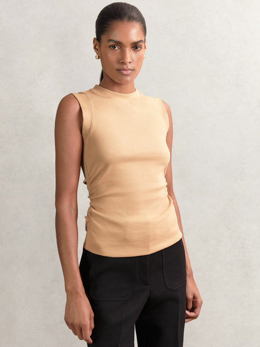 Fine-Rib Ruched Vest Top Camel | Women