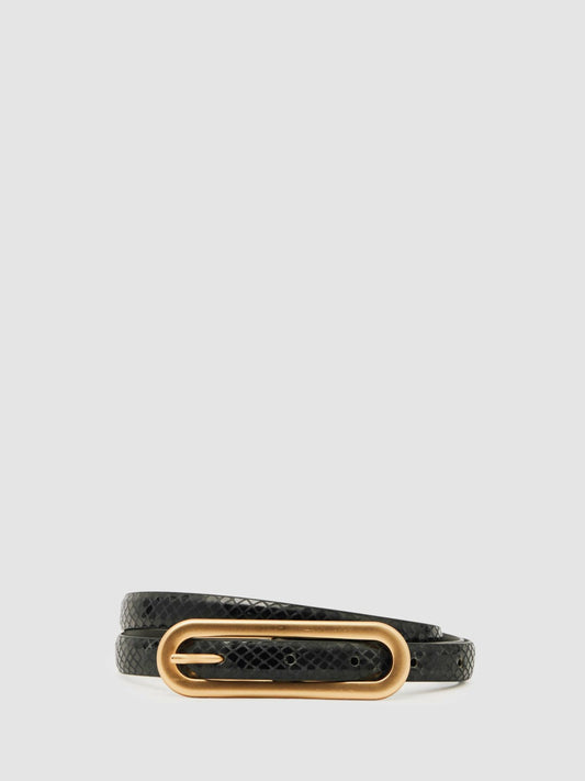 Leather Elongated-Buckle Skinny Belt Black | Women