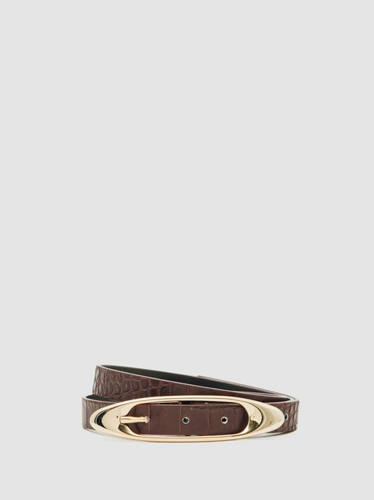 Croc-Effect Leather Oval-Buckle Belt Burgundy | Women