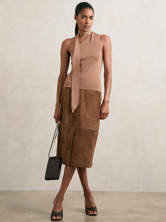 Suede Straight-Fit Midi Skirt Tan Brown | Women