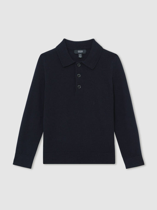 9-13 yrs Merino Wool Long-Sleeve Polo Shirt Navy | Children & Baby
